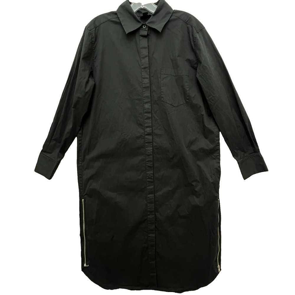 DKNY Waxed Black Long Shirt Dress Small Double Zip Hem Button Front Gothic